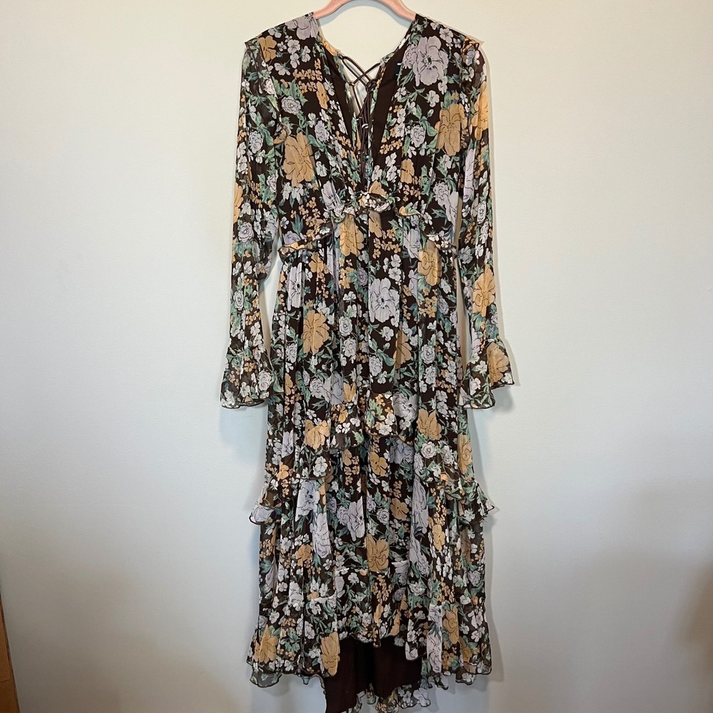 ASOS Maternity Floral Maxi Dress Brown Ruffle Lace Up V-Neck Size US 8